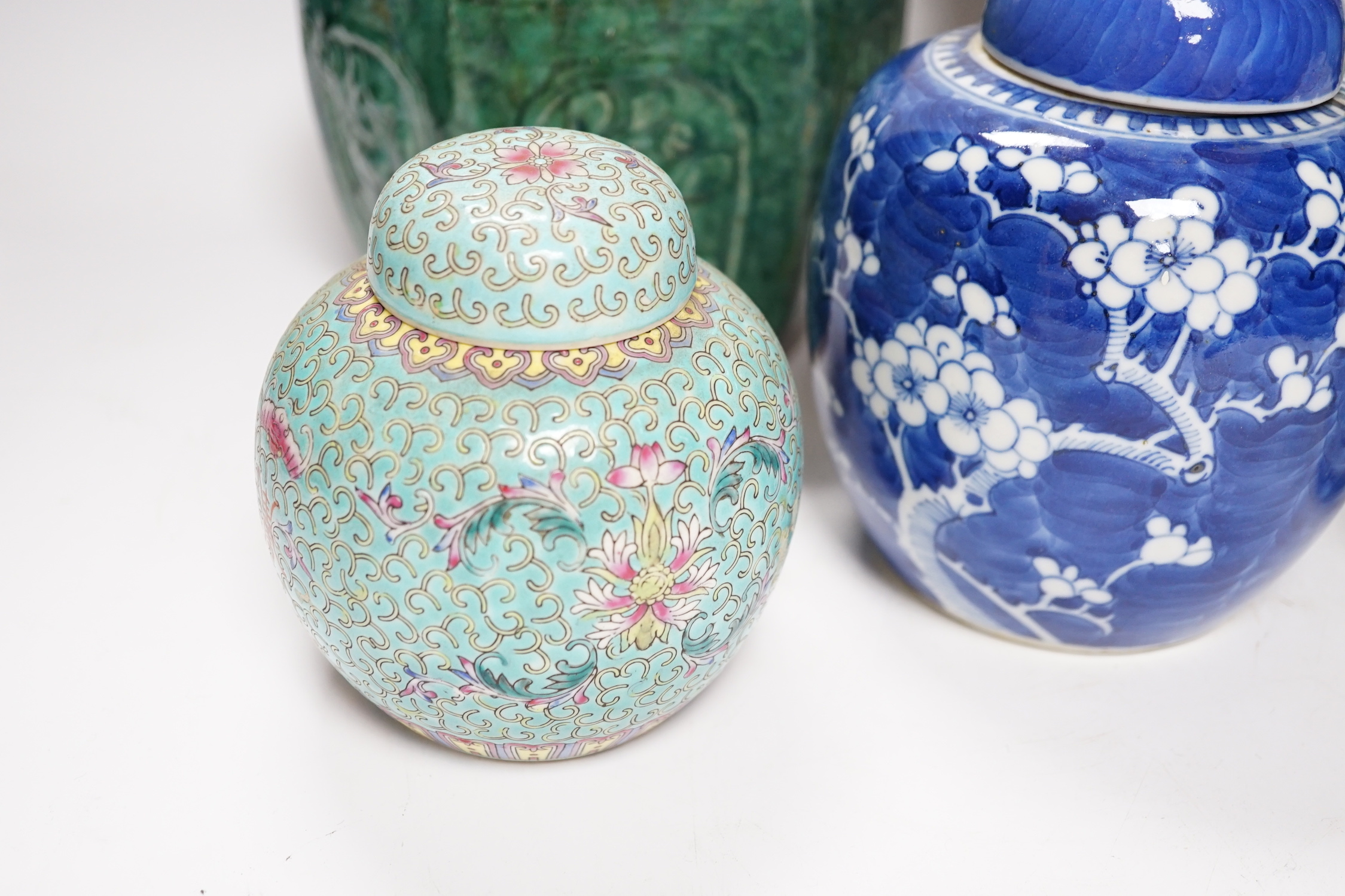 A Chinese famille rose vase and cover and four Chinese jars, 19th/20th century, vase and cover, 40cm high